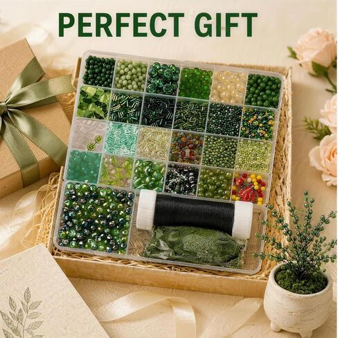 Cxomnndiw DIY Beaded Plant & Bracelet Making Kit, Assorted Beads, Green Glass Flower & Leaf Styles with 2 Types of Beading Wires in Kuwait