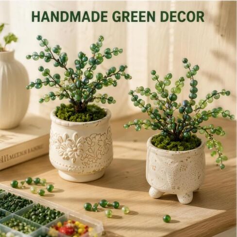 Cxomnndiw DIY Beaded Plant & Bracelet Making Kit, Assorted Beads, Green Glass Flower & Leaf Styles with 2 Types of Beading Wires in Kuwait
