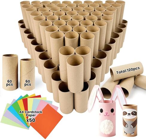 120 حزمة من أنابيب الورق المقوى للحرف اليدوية - 1.57 × 3.74 بوصة و1.5 × 3.4 بوصة - أنابيب ورق تواليت مقاومة للحرف اليدوية للاستخدام بنفسك، واللوازم المدرسية - تتضمن 50 ورقة A4 ملونة باللون البني in Kuwait