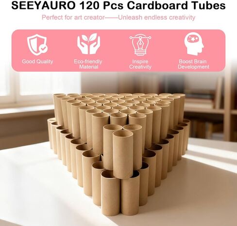 120 حزمة من أنابيب الورق المقوى للحرف اليدوية - 1.57 × 3.74 بوصة و1.5 × 3.4 بوصة - أنابيب ورق تواليت مقاومة للحرف اليدوية للاستخدام بنفسك، واللوازم المدرسية - تتضمن 50 ورقة A4 ملونة باللون البني in Kuwait