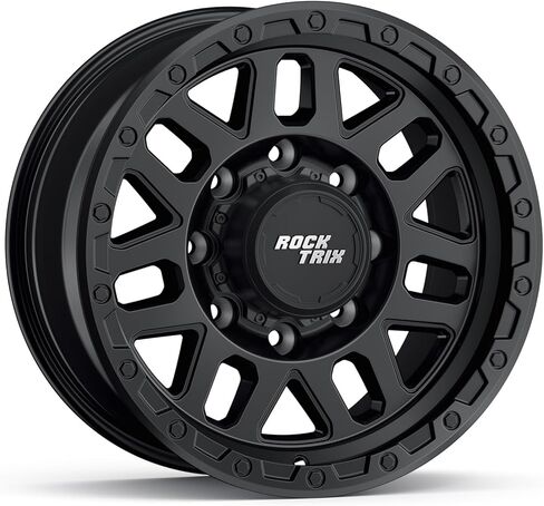 عجلات RockTrix RT110 مقاس 17x8.5 باللون الأسود غير اللامع، نمط مسمار 8x170 0 مم إزاحة، مسافة خلفية 3.75 بوصة، إطارات 8 عروة شديدة التحمل متوافقة مع Ford F250 وتناسب Ford F350 Super Duty 1999-2026 in Kuwait