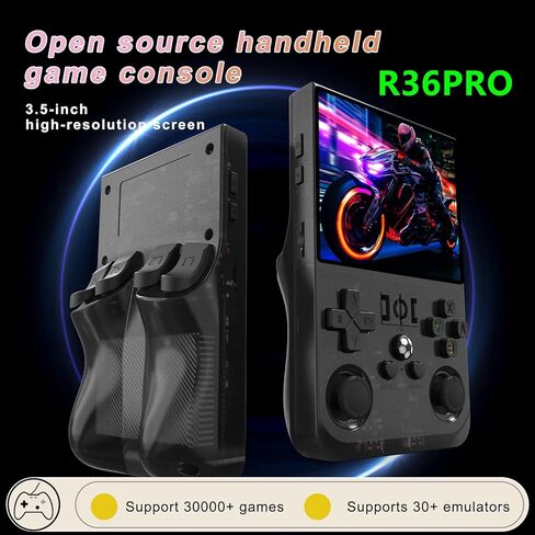 وحدة تحكم ألعاب ريترو مطورة R36MAX، شاشة IPS 4.0 بوصة، نظام Linux مع شريحة ألعاب RK3326 احترافية، وحدة تحكم ألعاب محمولة باليد مدمجة أكثر من 18000 لعبة، بطارية كبيرة 4000 مللي أمبير في الساعة (أسود أكثر) in Kuwait