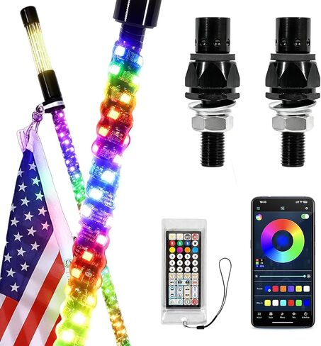 ترقية 3FT RGB LED أضواء السوط للموسيقى جنبًا إلى جنب ضوء هوائي مطاردة ضوء السياط ل UTV ATV Dune Buggy مع التطبيق وجهاز التحكم عن بعد 4 قاعدة زنبركية متوافقة مع Polaris RZR Can-Am Maverick، 2 Pack in Kuwait