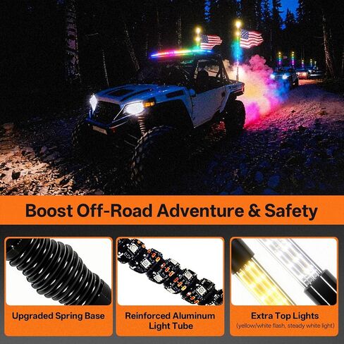 ترقية 3FT RGB LED أضواء السوط للموسيقى جنبًا إلى جنب ضوء هوائي مطاردة ضوء السياط ل UTV ATV Dune Buggy مع التطبيق وجهاز التحكم عن بعد 4 قاعدة زنبركية متوافقة مع Polaris RZR Can-Am Maverick، 2 Pack in Kuwait