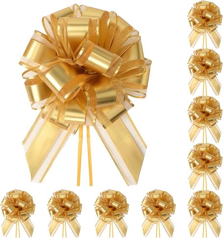 10-Pack Metallic Gold Pull Bows for Gift Wrapping - 6 Inch Reusable Ribbon Bows, Large Instant Floral Decor Bow for Wedding, Christmas, Birthday Decor, Gift Basket & Party Decorations in Kuwait