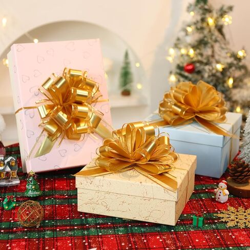 10-Pack Metallic Gold Pull Bows for Gift Wrapping - 6 Inch Reusable Ribbon Bows, Large Instant Floral Decor Bow for Wedding, Christmas, Birthday Decor, Gift Basket & Party Decorations in Kuwait