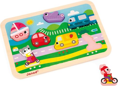 Janod - Vehicles Chunky Puzzle 7 Pieces - Motor Skills Development - Enhances Motor Skills - Promotes Imagination, Safe Quality Materials - French Design Excellence in Saudi Arabia