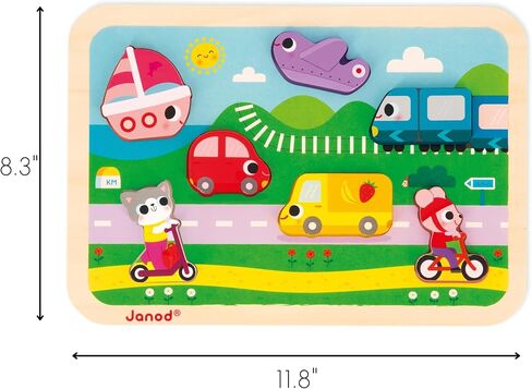 Janod - Vehicles Chunky Puzzle 7 Pieces - Motor Skills Development - Enhances Motor Skills - Promotes Imagination, Safe Quality Materials - French Design Excellence in Saudi Arabia