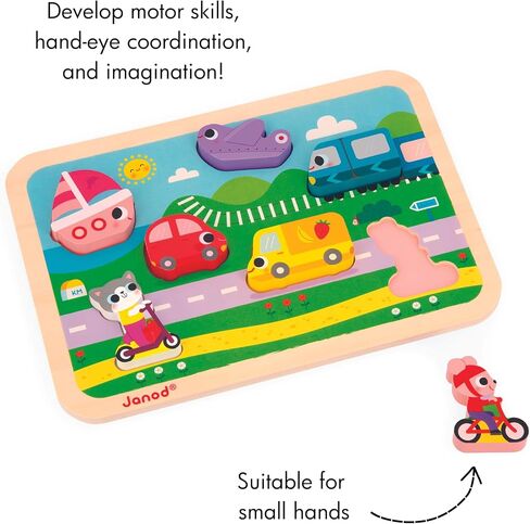 Janod - Vehicles Chunky Puzzle 7 Pieces - Motor Skills Development - Enhances Motor Skills - Promotes Imagination, Safe Quality Materials - French Design Excellence in Saudi Arabia