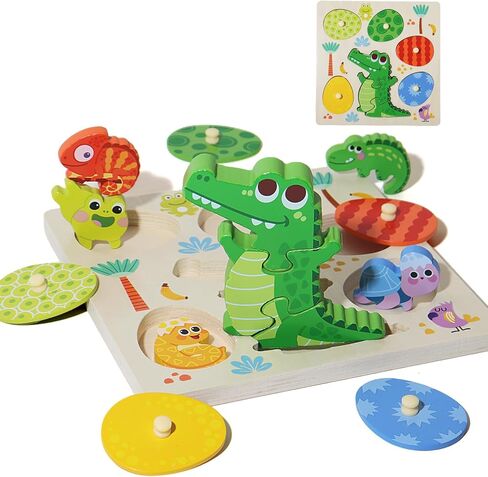 Upgraded Montessori Crocodile Puzzle for Toddlers, 3-Piece Connecting Crocodile Puzzle + 5 Egg-Shaped Matching Puzzles, Safe Wooden Educational Toy for 1-3/2-4 Years Old Boys Girls in Kuwait