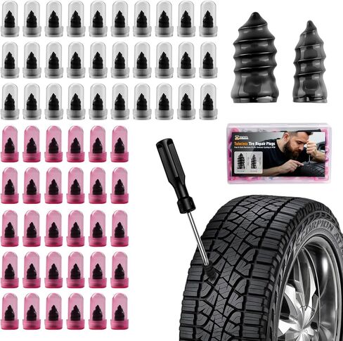 60 PCS Tire Plug Repair Kit with Screw Type Tire Plugs - Professional Grade Tire Repair Kit Screw Plugs for Car, Truck, Motorcycle & Bicycle Flat Tire Emergency Repair Tools, Includes Screwdriver in Kuwait