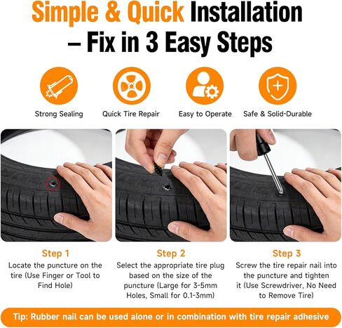 60 PCS Tire Plug Repair Kit with Screw Type Tire Plugs - Professional Grade Tire Repair Kit Screw Plugs for Car, Truck, Motorcycle & Bicycle Flat Tire Emergency Repair Tools, Includes Screwdriver in Kuwait