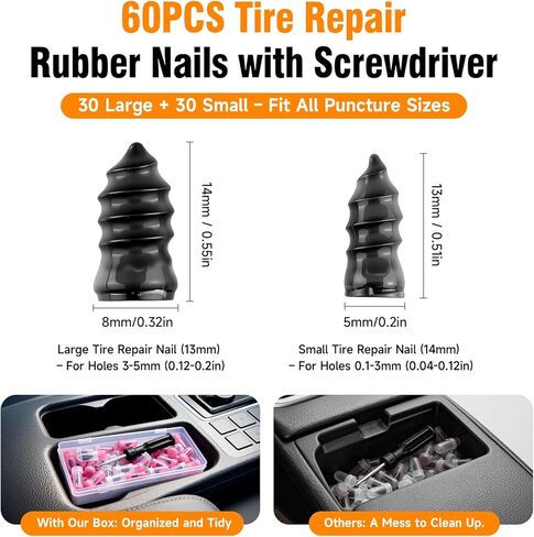 60 PCS Tire Plug Repair Kit with Screw Type Tire Plugs - Professional Grade Tire Repair Kit Screw Plugs for Car, Truck, Motorcycle & Bicycle Flat Tire Emergency Repair Tools, Includes Screwdriver in Kuwait