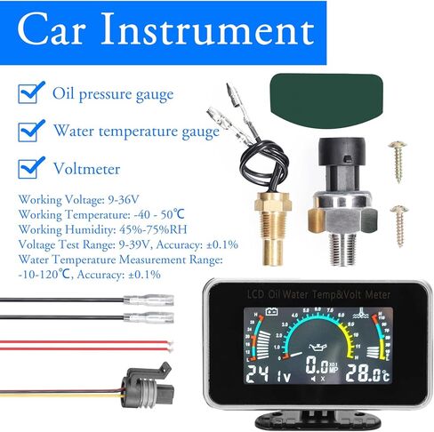 Shkalacar 3 in 1 Car LCD Meter, Digital Oil Pressure Voltage Water Temperature Gauge Universal Instrument, with Anti Shake Self Learning Function, for Car Truck SUV RV Meter Gauge in Kuwait