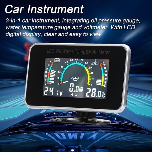Shkalacar 3 in 1 Car LCD Meter, Digital Oil Pressure Voltage Water Temperature Gauge Universal Instrument, with Anti Shake Self Learning Function, for Car Truck SUV RV Meter Gauge in Kuwait
