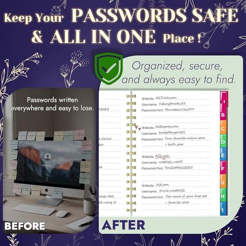 Password Book with Colorful Alphabetical Tabs, Spiral Password Keeper Book for Seniors, (Lavender Purple) in Kuwait