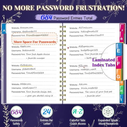 Password Book with Colorful Alphabetical Tabs, Spiral Password Keeper Book for Seniors, (Lavender Purple) in Kuwait