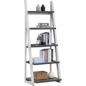5 Tier Ladder Bookshelf, Solid Rubber Wood Frame Storage Rack, Modern Open Bookcase Display Shelf, Multi-Functional Freestanding Shelving Unit for Living Room, Bedroom, Kitchen, Home Office in Kuwait