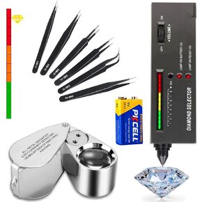 Diamond Tester Pen, 40X Full Metal Jewelers Eye Loupe,6PCS Precision Upgraded Anti-Static Stainless Steel Curved of Tweezers Set,Professional Diamond Selector for Novice and Expert in Kuwait