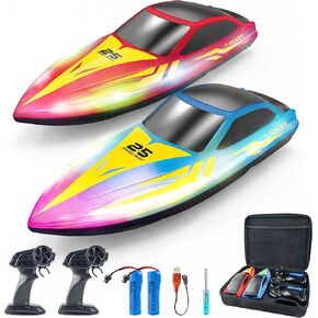 BEZGAR Remote Control Boat - 2 Packs 10 inch RC Boat with 7 LED Lighting Effects & 120 Min Playtime, 15 KPH RC Boats for Pool, Lake Fun for Kids Adults Red&Blue HJ825B in Kuwait