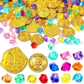 150 Pieces Plastic Pirate Gold Coins Acrylic Colored Gems Pirate Coins Fake Gems Buried Pirate Treasure Pirate Party Decorations for Halloween Pirate Adventure Themed Event Birthday Party Props Decor in Kuwait