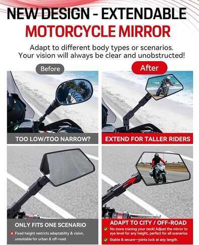 Motorcycle Mirrors for All Riders Heights, Extendable Foldable 360° Adjustable Convex Mirrors, M8 M10 Universal Handlebar Mount Extenders Compatible with ATV Scooter Dirt Bike Snowmobile in Kuwait