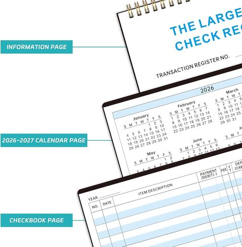 Checkbook Register, Check Registers for Personal Checkbook, Financial Ledger, Checking Book Register for Debit Card & Personal Bank Checks, 8.5" x 6" Large Print, Easy-to-Read, Spiral Bound in Kuwait