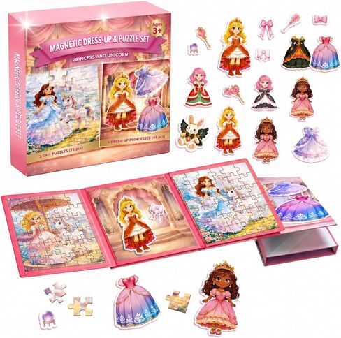 2-in-1 Magnetic Puzzle Book & Dress up Dolls for Girls 3-9, 124PCS Princess Magnetic Puzzle Travel Toy (75 PCS Puzzle + 49 PCS Dress up) Activities for Birthday Party Favor Airplane Car Road Trips in Saudi Arabia
