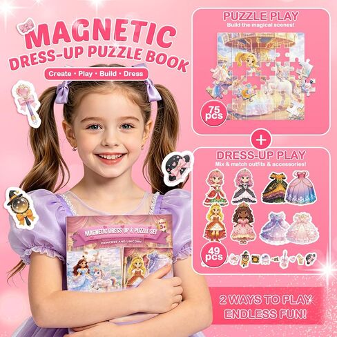 2-in-1 Magnetic Puzzle Book & Dress up Dolls for Girls 3-9, 124PCS Princess Magnetic Puzzle Travel Toy (75 PCS Puzzle + 49 PCS Dress up) Activities for Birthday Party Favor Airplane Car Road Trips in Saudi Arabia