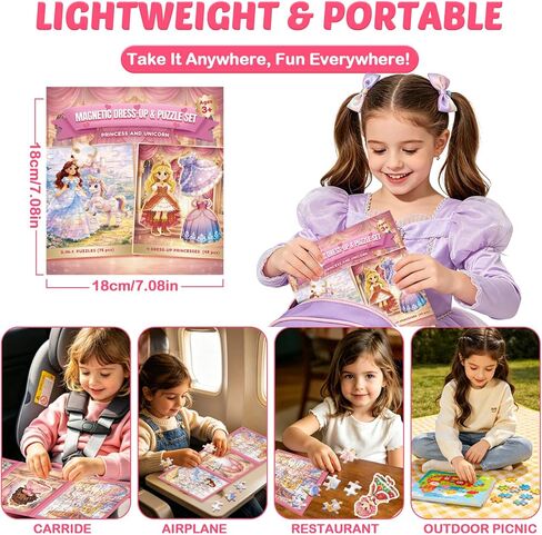 2-in-1 Magnetic Puzzle Book & Dress up Dolls for Girls 3-9, 124PCS Princess Magnetic Puzzle Travel Toy (75 PCS Puzzle + 49 PCS Dress up) Activities for Birthday Party Favor Airplane Car Road Trips in Saudi Arabia