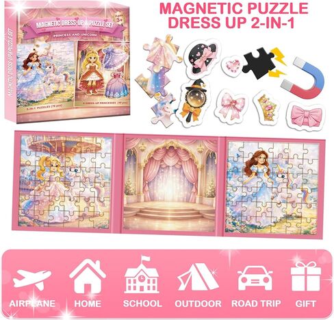 2-in-1 Magnetic Puzzle Book & Dress up Dolls for Girls 3-9, 124PCS Princess Magnetic Puzzle Travel Toy (75 PCS Puzzle + 49 PCS Dress up) Activities for Birthday Party Favor Airplane Car Road Trips in Saudi Arabia