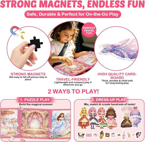 2-in-1 Magnetic Puzzle Book & Dress up Dolls for Girls 3-9, 124PCS Princess Magnetic Puzzle Travel Toy (75 PCS Puzzle + 49 PCS Dress up) Activities for Birthday Party Favor Airplane Car Road Trips in Saudi Arabia