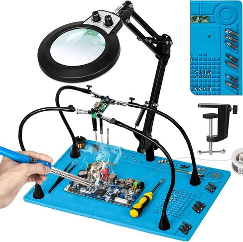 Helping Hands Soldering Station, 10X Magnifying Glass with Light and Stand, Non-Slip Repair Mat Magnifying Lamp, Any Color Stepless Dimming LED Lighted Magnifier for Electronics Craft Model in Saudi Arabia