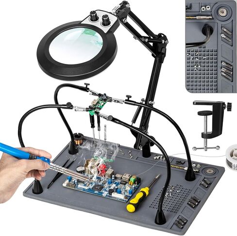 Helping Hands Soldering Station, 10X Magnifying Glass with Light and Stand, Non-Slip Repair Mat Magnifying Lamp, Any Color Stepless Dimming LED Lighted Magnifier for Electronics Craft Model in Saudi Arabia
