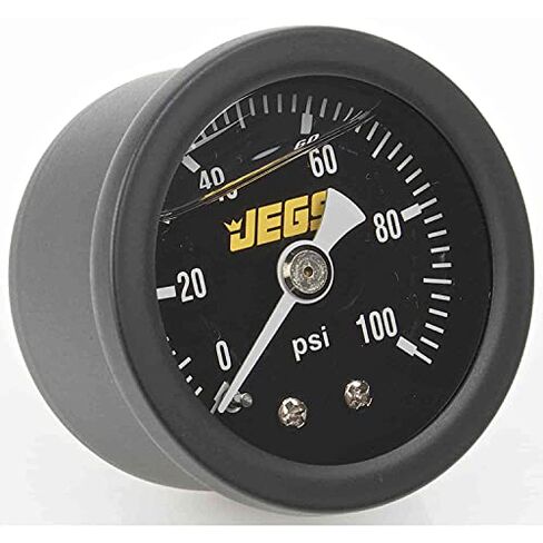 مقياس ضغط الوقود JEGS | 1.5 بوصة القطر | سائل معبأ | 0-100 رطل لكل بوصة مربعة | الاتصال الهاتفي الأسود | 1/8 بوصة. تركيب ذكر NPT | حالة سوداء ومدي in Kuwait