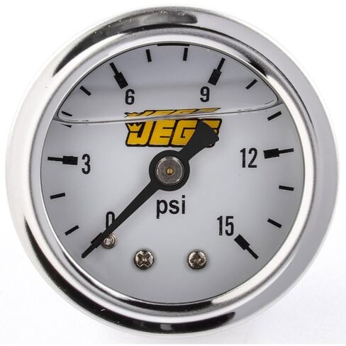 مقياس ضغط الوقود JEGS | 1.5 بوصة القطر | سائل معبأ | 0-15 رطل لكل بوصة مربعة | الطلب الأبيض | 1/8 بوصة. تركيب ذكر NPT | هيكل وإطار من الفولاذ المقاوم للصدأ in Kuwait