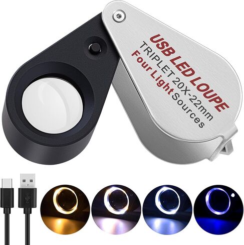 عدسة مجوهرات COYLAPY 20X، مكبر جيب مع ضوء LED/الأشعة فوق البنفسجية، حلقة عين زجاجية مكبرة قابلة لإعادة الشحن للمجوهرات والأحجار الكريمة والماس والعملات المعدنية والطوابع والتعرف العتيق in Kuwait