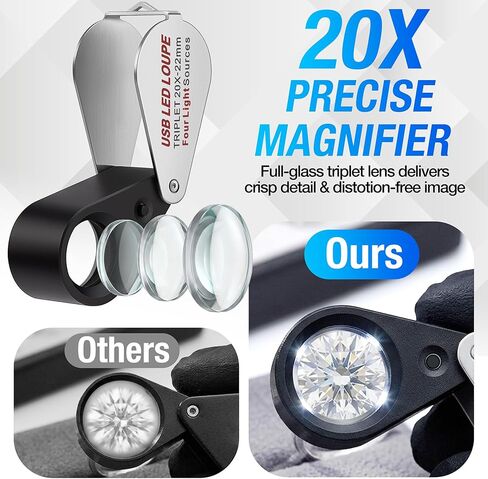 عدسة مجوهرات COYLAPY 20X، مكبر جيب مع ضوء LED/الأشعة فوق البنفسجية، حلقة عين زجاجية مكبرة قابلة لإعادة الشحن للمجوهرات والأحجار الكريمة والماس والعملات المعدنية والطوابع والتعرف العتيق in Kuwait
