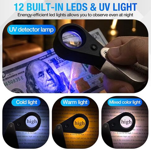 عدسة مجوهرات COYLAPY 20X، مكبر جيب مع ضوء LED/الأشعة فوق البنفسجية، حلقة عين زجاجية مكبرة قابلة لإعادة الشحن للمجوهرات والأحجار الكريمة والماس والعملات المعدنية والطوابع والتعرف العتيق in Kuwait