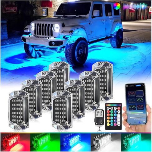 8Pods Full Angle RGB LED Rock Lights Full Kit for Jeep Trucks ATV UTV SXS RZR SUV Golf Cart Offroad Pickup, 240Chip Waterproof Multicolor Underglow Light with APP/RF Remote, Neon Underbody Accent 12V in Saudi Arabia