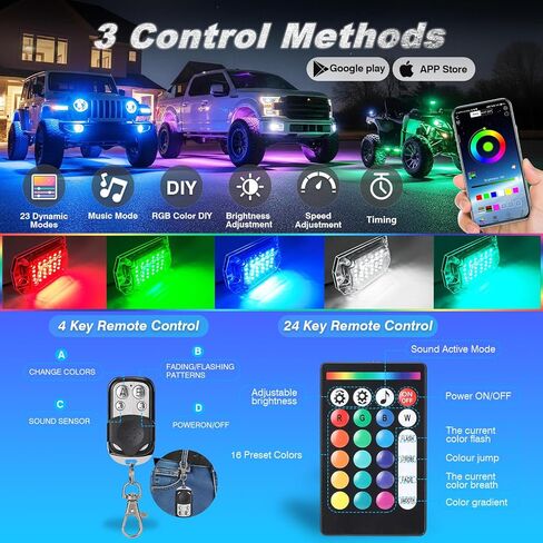 8Pods Full Angle RGB LED Rock Lights Full Kit for Jeep Trucks ATV UTV SXS RZR SUV Golf Cart Offroad Pickup, 240Chip Waterproof Multicolor Underglow Light with APP/RF Remote, Neon Underbody Accent 12V in Saudi Arabia