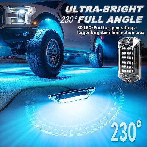 8Pods Full Angle RGB LED Rock Lights Full Kit for Jeep Trucks ATV UTV SXS RZR SUV Golf Cart Offroad Pickup, 240Chip Waterproof Multicolor Underglow Light with APP/RF Remote, Neon Underbody Accent 12V in Saudi Arabia