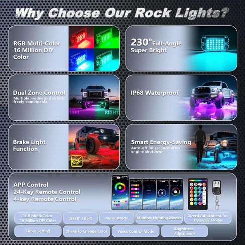 8Pods Full Angle RGB LED Rock Lights Full Kit for Jeep Trucks ATV UTV SXS RZR SUV Golf Cart Offroad Pickup, 240Chip Waterproof Multicolor Underglow Light with APP/RF Remote, Neon Underbody Accent 12V in Saudi Arabia