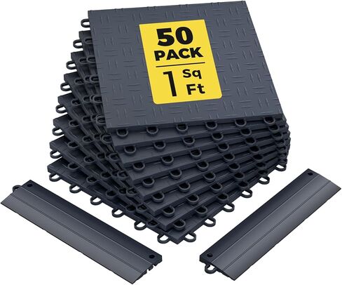 CAMMOO Garage Floor Tiles Heavy-Duty Interlocking 12"x12" (50-Pack with 4 Edge Pieces, Black), 10000 lbs Capacity, Warp-Proof & Non-Slip Design, Noise Reduction, for Garage, Basement, Workshop in Saudi Arabia