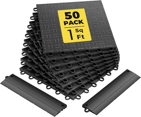 CAMMOO Garage Floor Tiles Heavy-Duty Interlocking 12"x12" (50-Pack with 4 Edge Pieces, Black), 10000 lbs Capacity, Warp-Proof & Non-Slip Design, Noise Reduction, for Garage, Basement, Workshop in Saudi Arabia