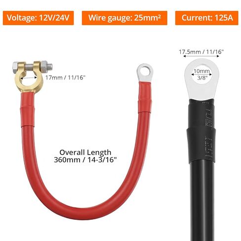 مجموعة كابلات عاكس البطارية QWORK مقاس 30 سم، 12 فولت - 24 فولت 25 مم² 3AWG 125A سلك نحاسي شديد التحمل مع أطراف نحاسية باللونين الأحمر والأسود للسيارات الشمسية RV البحرية in Kuwait
