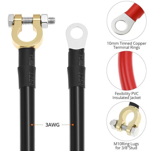 مجموعة كابلات عاكس البطارية QWORK مقاس 30 سم، 12 فولت - 24 فولت 25 مم² 3AWG 125A سلك نحاسي شديد التحمل مع أطراف نحاسية باللونين الأحمر والأسود للسيارات الشمسية RV البحرية in Kuwait