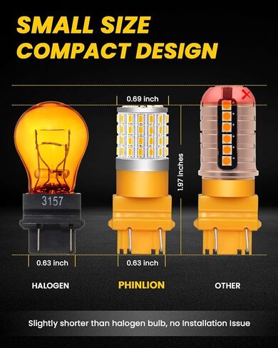PHINLION 3157 LED لمبة أصفر كهرماني، فائقة السطوع 3156 4157 3157NA LED لمبات وامضة للخلف الأمامي إشارة الانعطاف وقوف السيارات DRL أضواء علامة جانبية، غير قطبية، حزمة من 2 in Kuwait