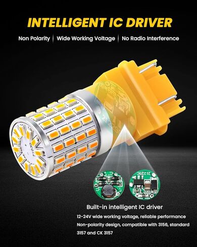 PHINLION 3157 LED لمبة أصفر كهرماني، فائقة السطوع 3156 4157 3157NA LED لمبات وامضة للخلف الأمامي إشارة الانعطاف وقوف السيارات DRL أضواء علامة جانبية، غير قطبية، حزمة من 2 in Kuwait
