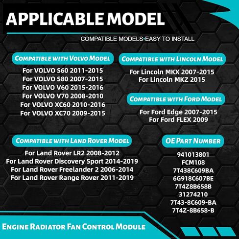 وحدة التحكم في مروحة تبريد رادياتير المحرك، متوافقة مع Ford Edge Flex Land Rover LR2 فولفو XC60 S60 لينكولن MKX، استبدال OE# 7T438C609BA 6G918C607BE 940009402 in Kuwait